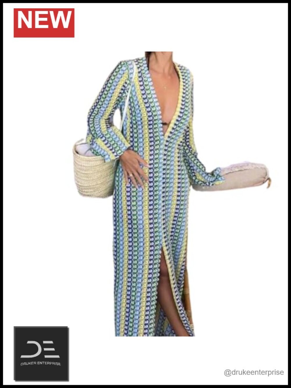 Womens Crochet Maxi Dress Bell Sleeve V Neck Loose Boho Sundress with Slit